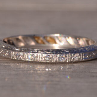 SOLD - The Cohassat: Antique Platinum Wedding Band with Natural Diamonds and Hand Engraving