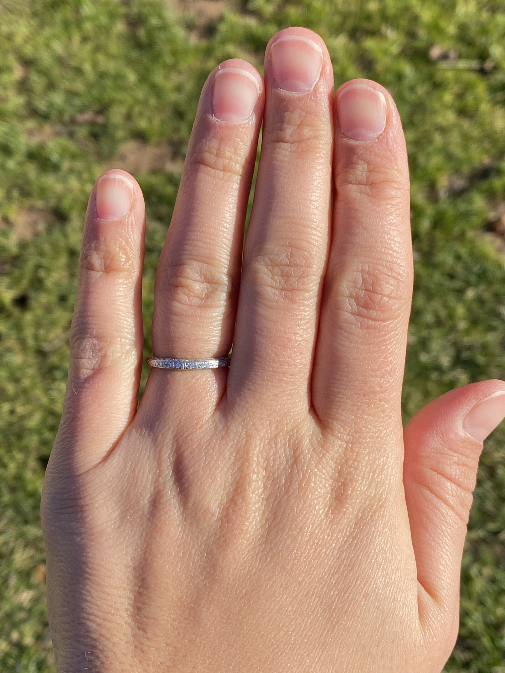 SOLD - The Cohassat: Antique Platinum Wedding Band with Natural Diamonds and Hand Engraving - Image 8