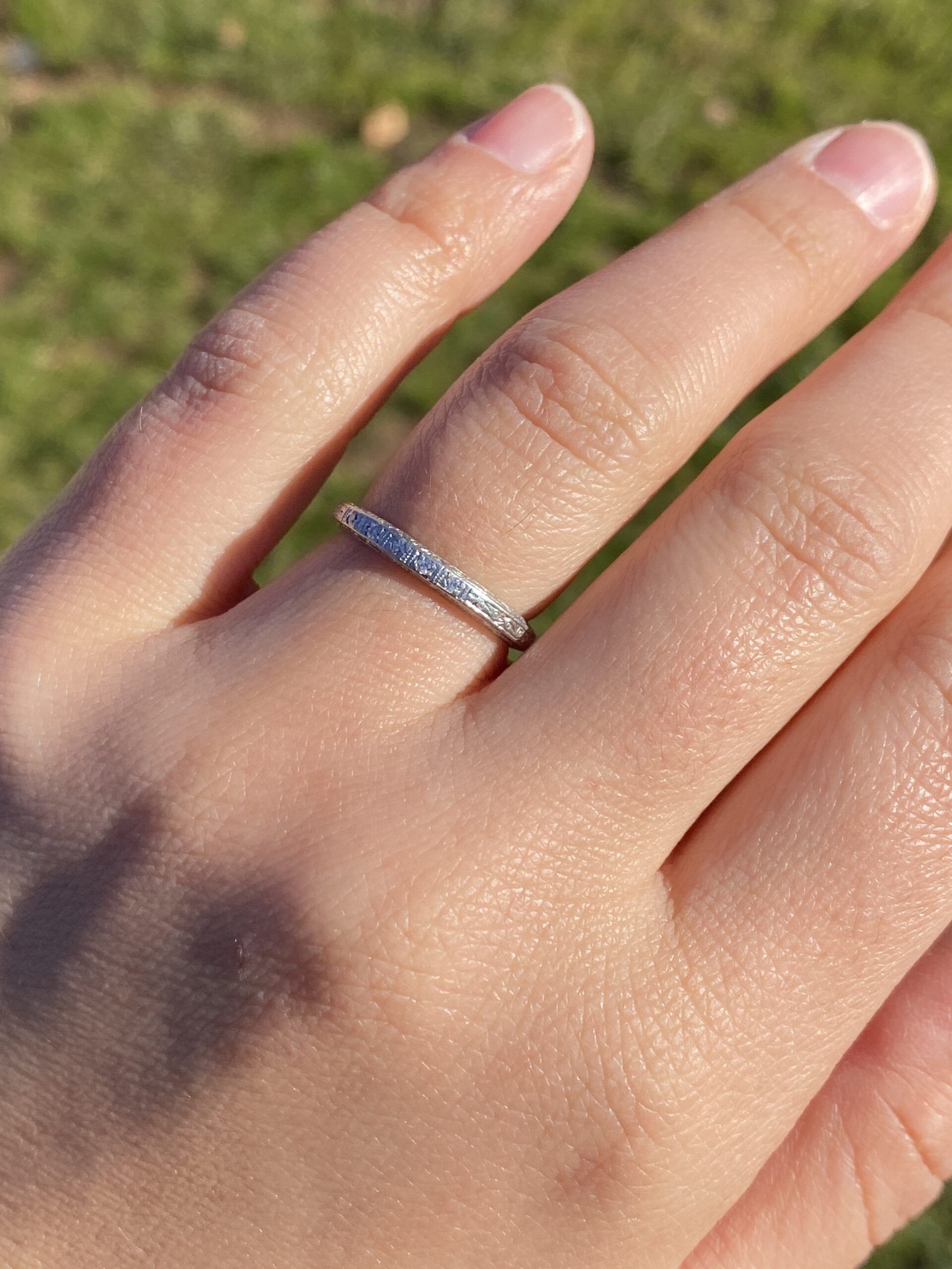 SOLD - The Cohassat: Antique Platinum Wedding Band with Natural Diamonds and Hand Engraving - Image 9