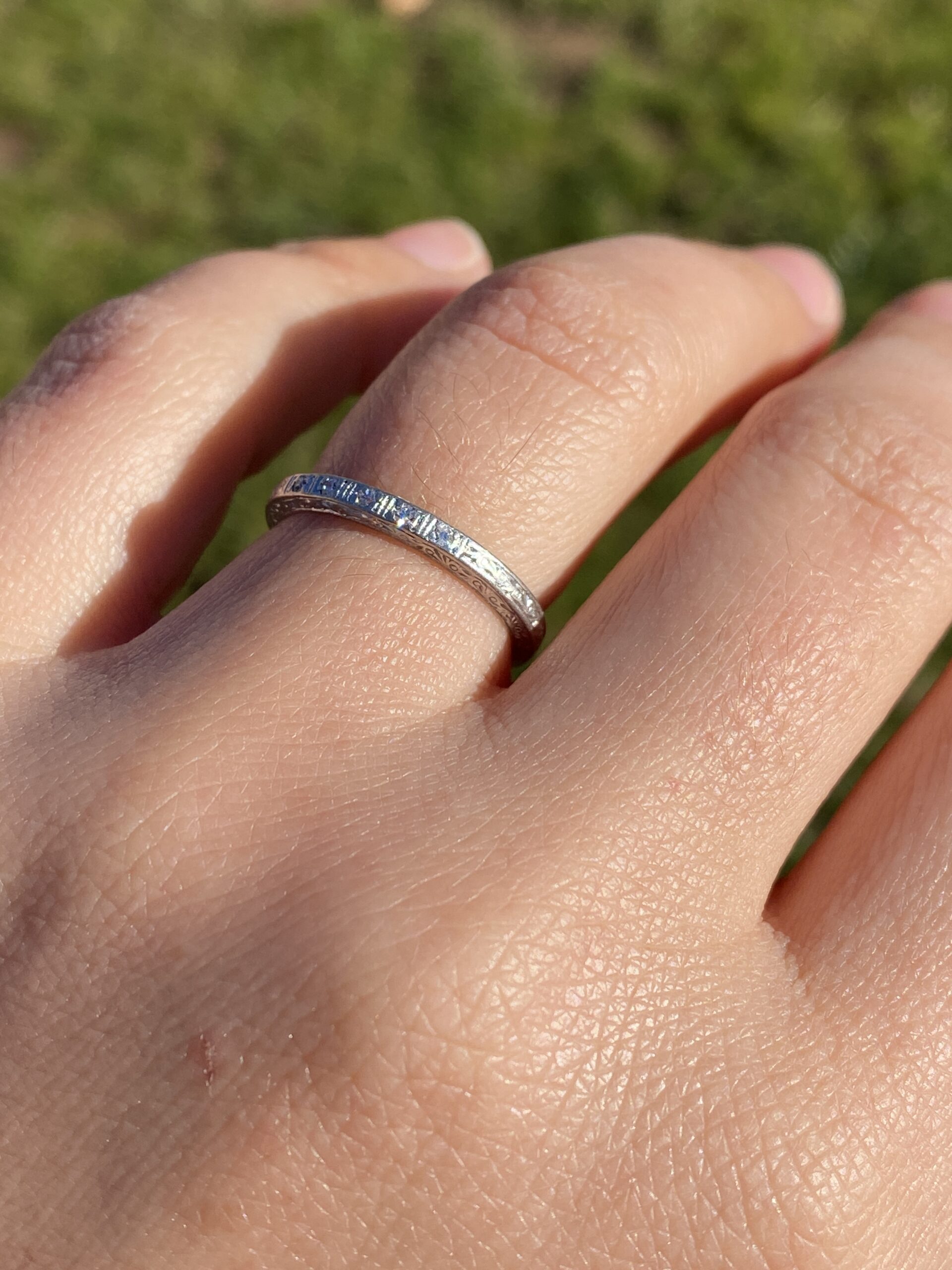 SOLD - The Cohassat: Antique Platinum Wedding Band with Natural Diamonds and Hand Engraving - Image 10