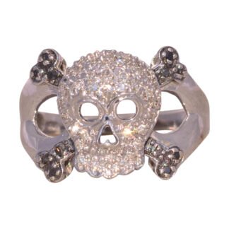 The Nebula Skull: Diamond and Black Diamond Skull and Bones Ring in White Gold