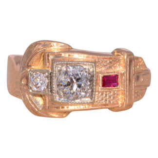 The Vintage Heirloom: Old Mine Cut Natural Diamond and Ruby Buckle Ring in Rose Gold