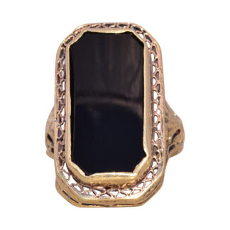 SOLD - The Art Deco Elegance: Art Deco Era Onyx Filigree Ring in Yellow Gold