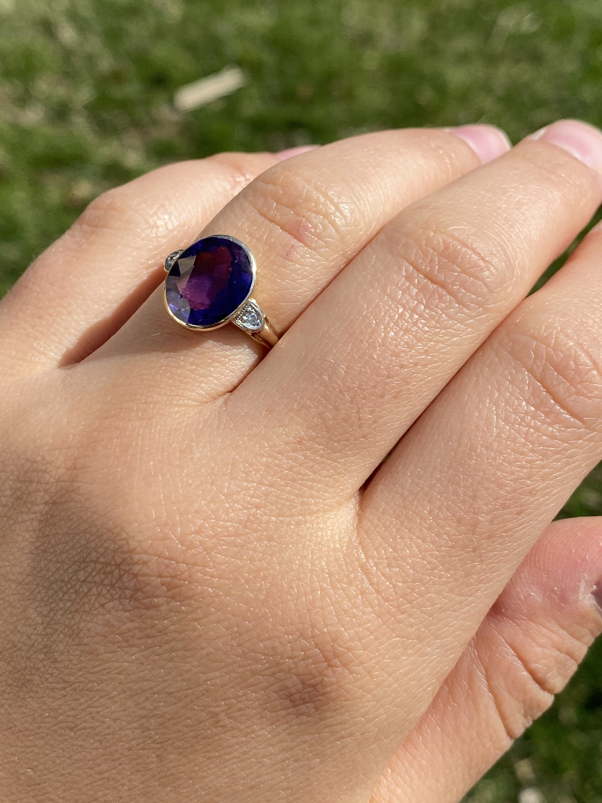 The Art Deco Delight: Lab Created Sapphire and Natural Diamond Ring in Rose Gold - Image 9