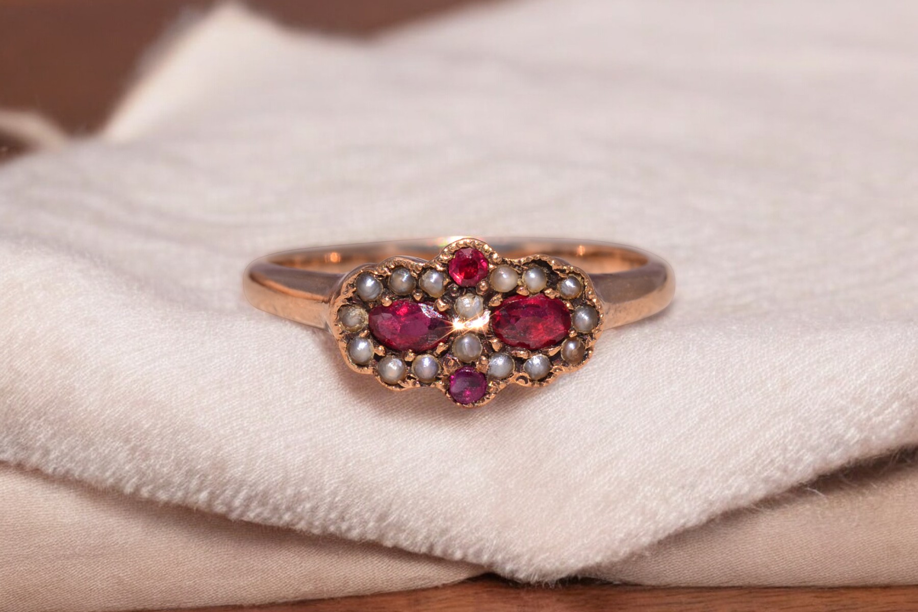 The Scarlet Bloom: Victorian Ruby Doublet and Seed Pearl Ring in Rose Gold - Image 11