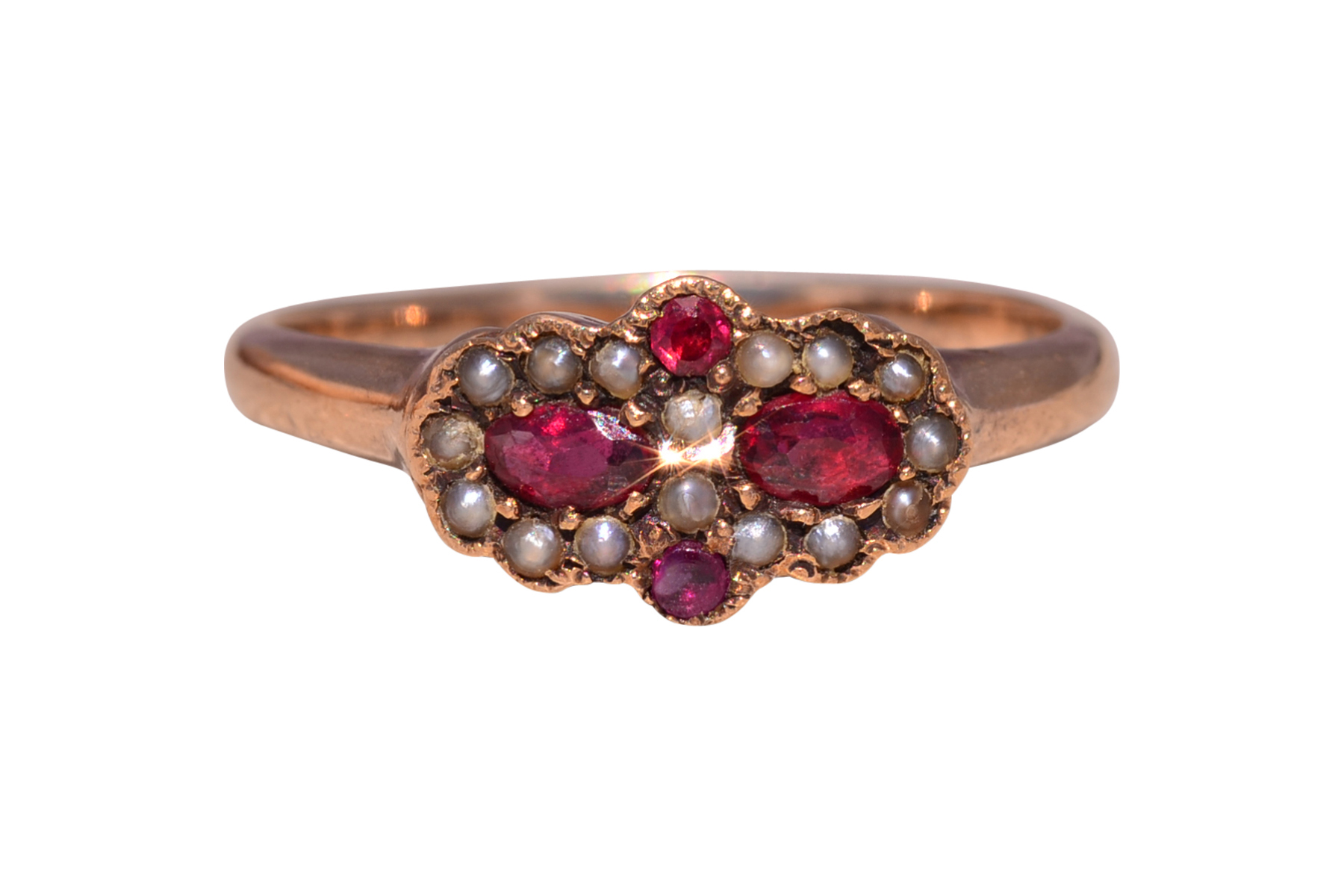 The Scarlet Bloom: Victorian Ruby Doublet and Seed Pearl Ring in Rose Gold