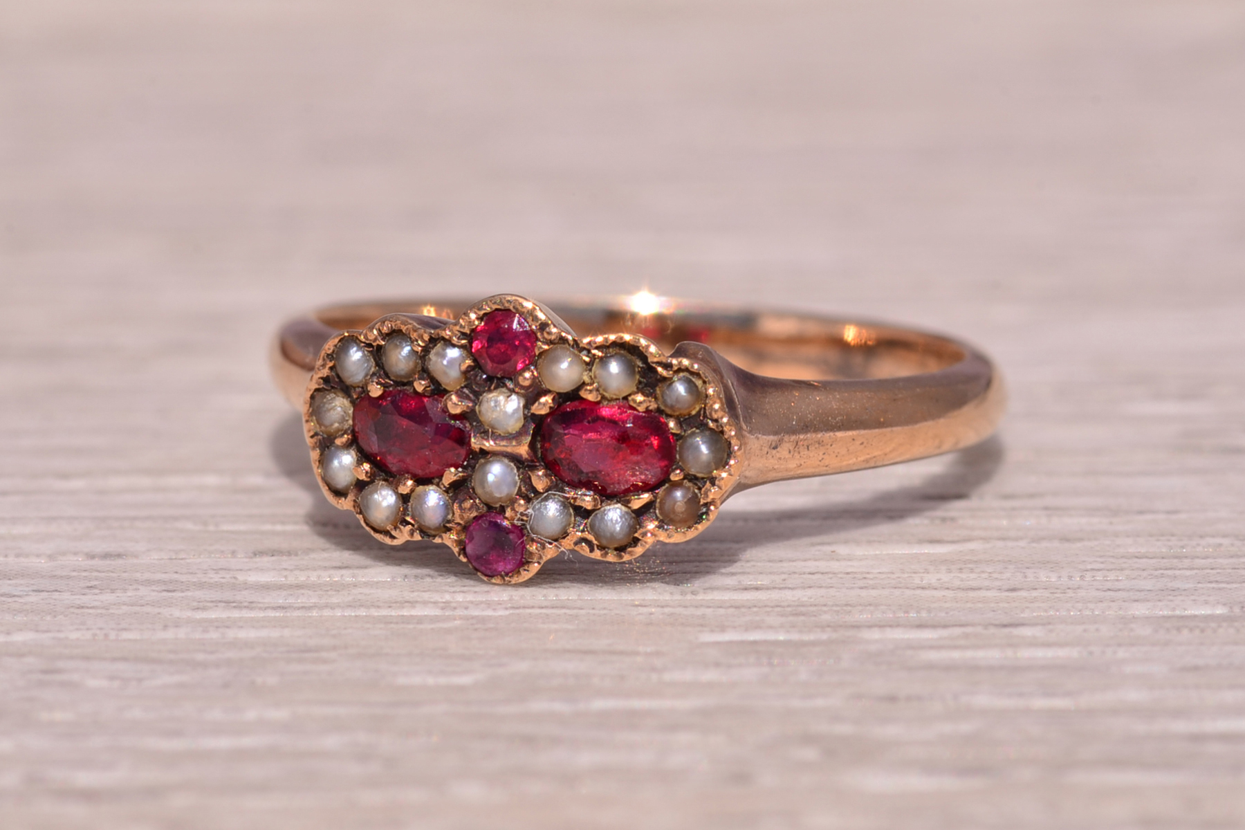 The Scarlet Bloom: Victorian Ruby Doublet and Seed Pearl Ring in Rose Gold - Image 3