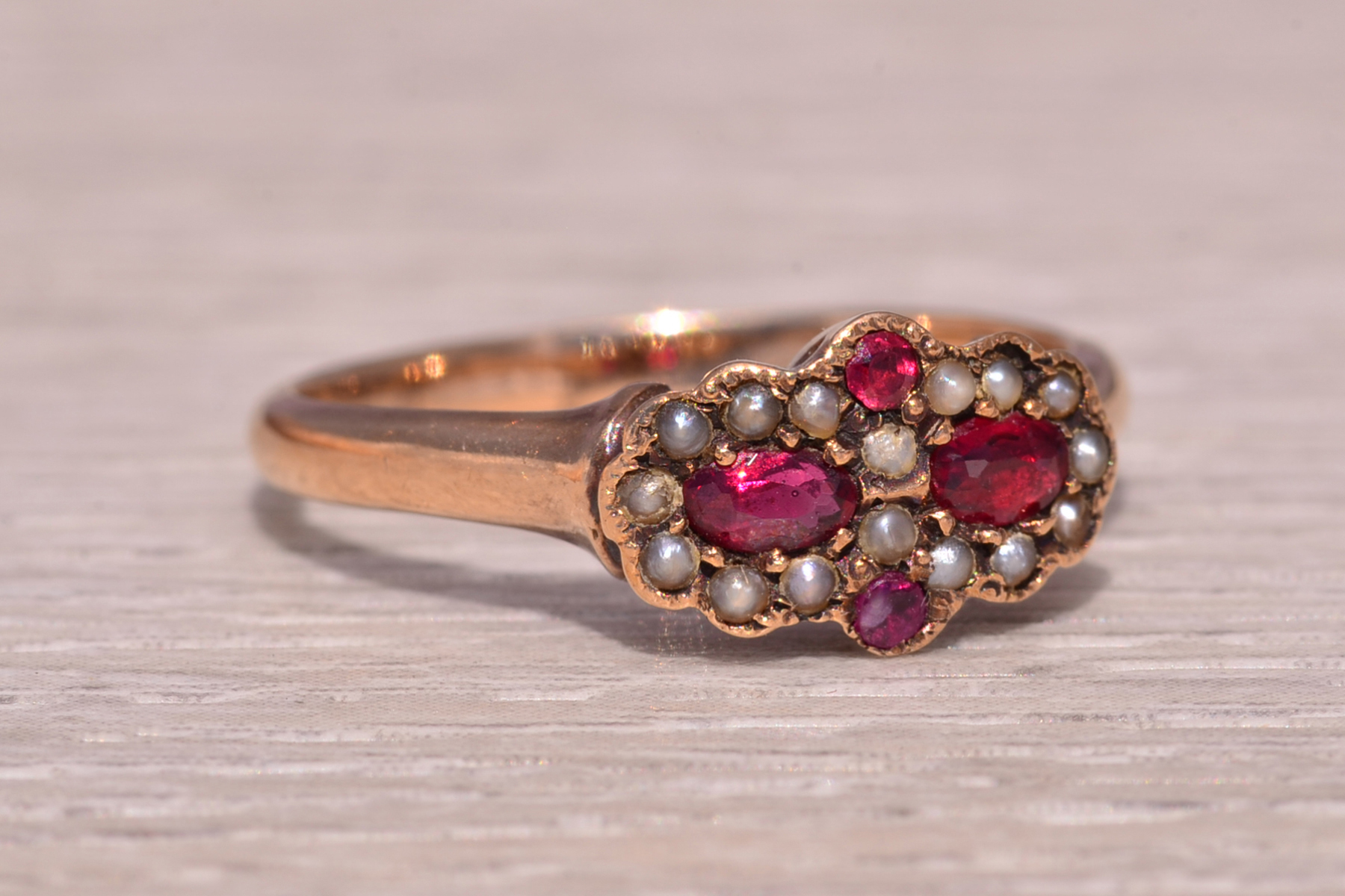 The Scarlet Bloom: Victorian Ruby Doublet and Seed Pearl Ring in Rose Gold - Image 6