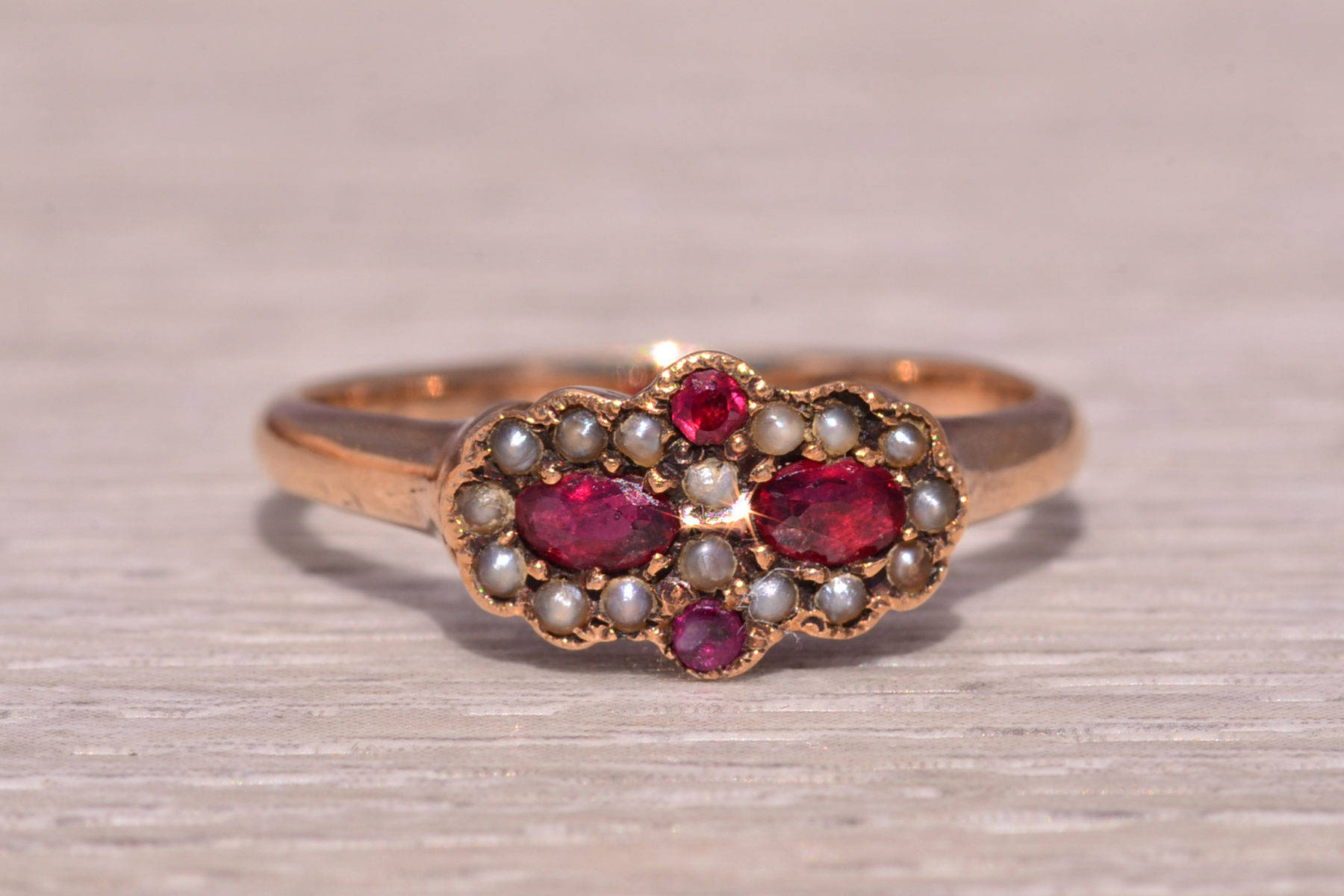 The Scarlet Bloom: Victorian Ruby Doublet and Seed Pearl Ring in Rose Gold - Image 7