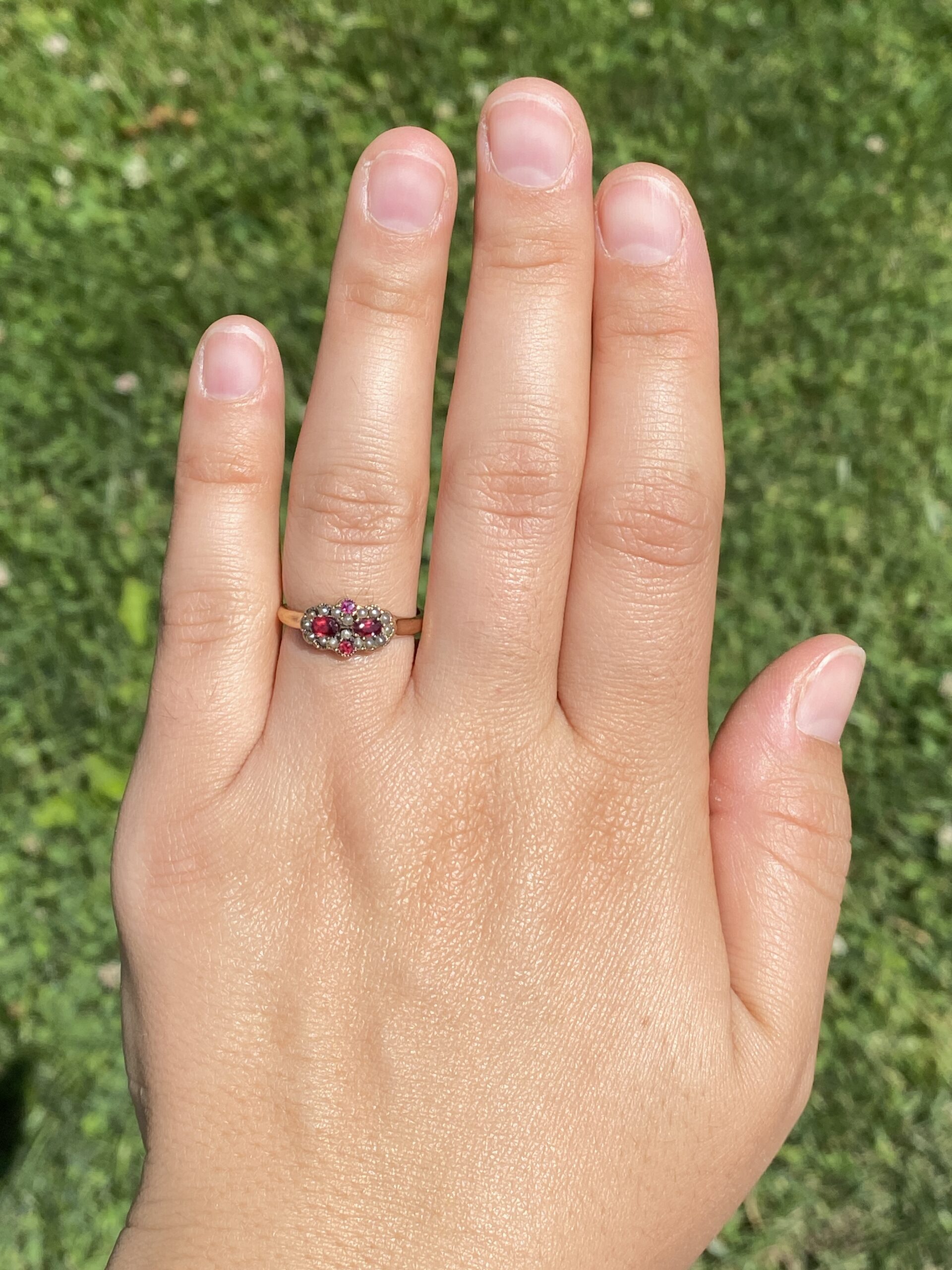 The Scarlet Bloom: Victorian Ruby Doublet and Seed Pearl Ring in Rose Gold - Image 8