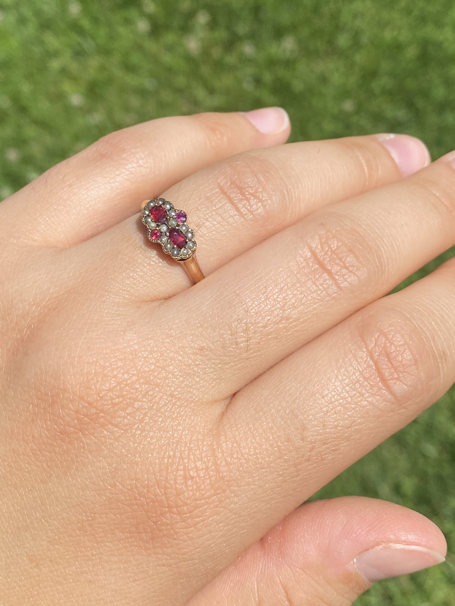 The Scarlet Bloom: Victorian Ruby Doublet and Seed Pearl Ring in Rose Gold - Image 9