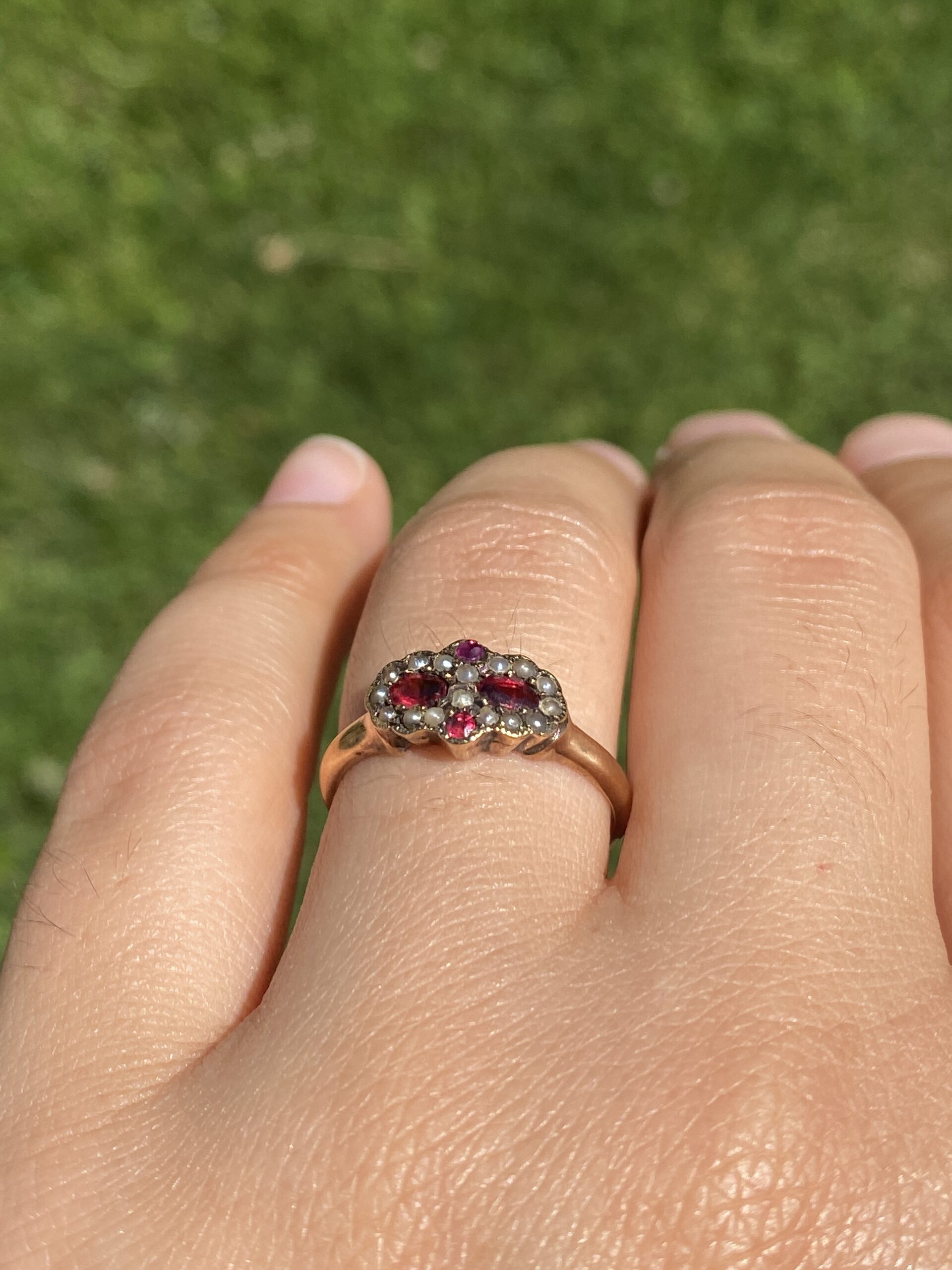 The Scarlet Bloom: Victorian Ruby Doublet and Seed Pearl Ring in Rose Gold - Image 10