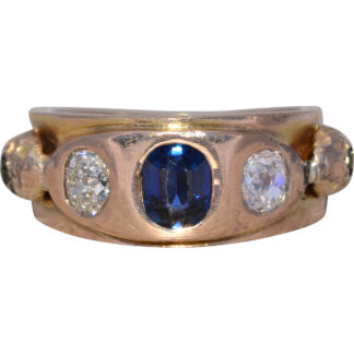 The Sapphire Serpent: Sapphire, Natural Diamond, and Garnet Ring in Yellow Gold