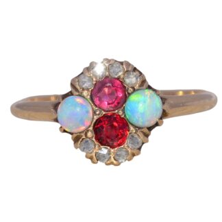 The Victorian Bloom: Opal, Garnet, and Natural Diamond Ring in Yellow Gold