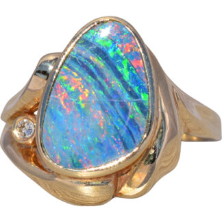 The Outback Fire: Australian Boulder Opal and Natural Diamond Ring in Yellow Gold