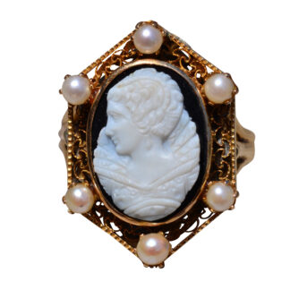 The Harper:  Antique Cameo Ring set with Pearls