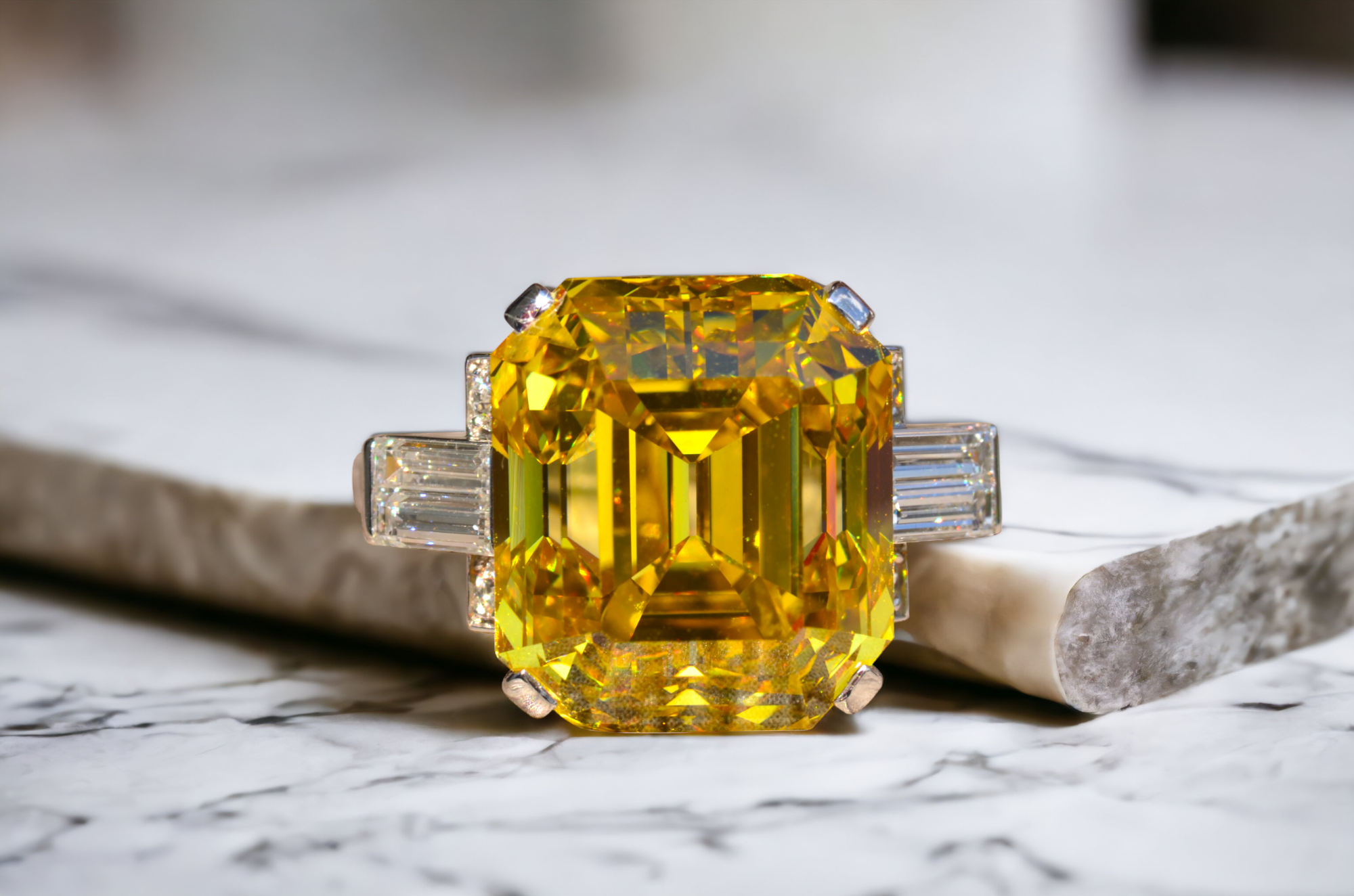 The Amazement: Absolutely Outstanding GIA Graded 19.01 carat Emerald Cut Fancy Vivid Orangy-Yellow Vs2 Diamond Ring - Image 2