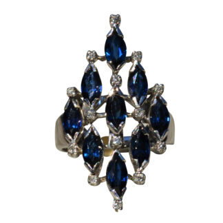 SOLD - The Ava:  Vintage Modernist Navette Sapphire and Diamond Ring with Natural Sapphires