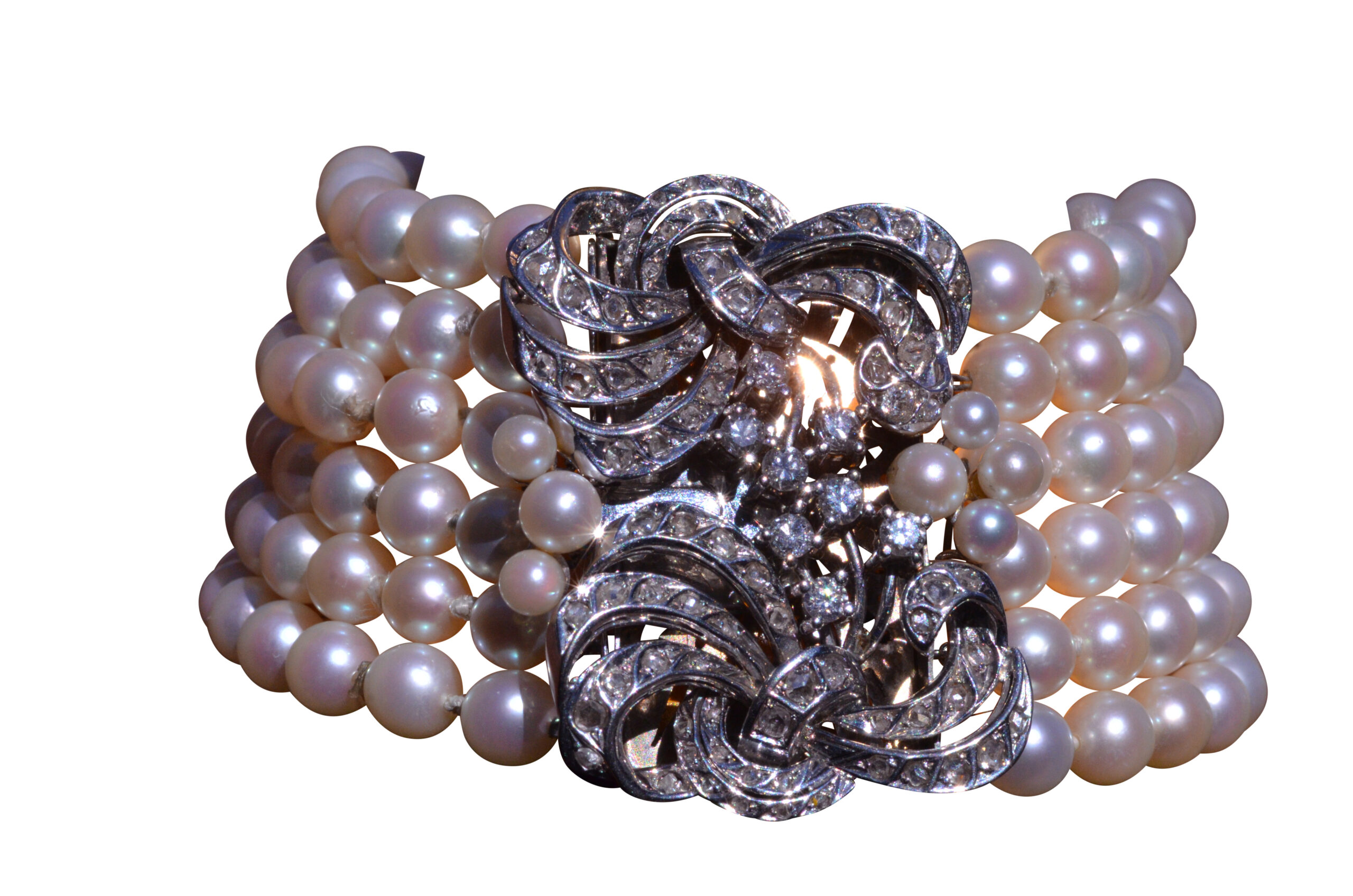 SOLD - The Ruth: Multi Strand Pearl Bracelet set with 2 Carats of Rose Cut & European Cut Diamond