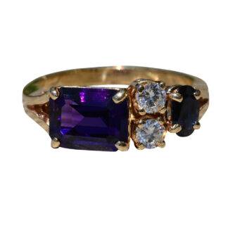 SOLD - The Baldoyle:  Ladies 14K Multi-stone Cocktail Ring set with 3 CT Amethyst, Diamonds and Sapphire
