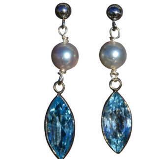 The Missoulas:  Ladies 14K White Gold Pearl and Topaz Dangler Earrings