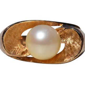 SOLD - The Borden:  Mid Century Modern Pearl Ring with Florentined Top
