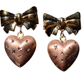SOLD - The Bolinas:  Diamond Cut Rose Gold Heart and Bow Dangler Earrings