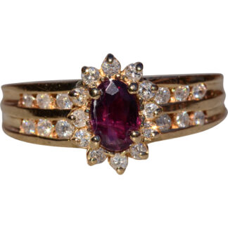 The Cardston:  Ladies 14K Yellow Gold Ring set with Ruby and Diamond