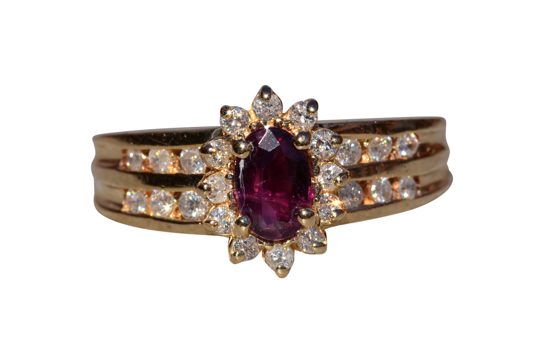 The Cardston: Ladies 14K Yellow Gold Ring set with Ruby and Diamond