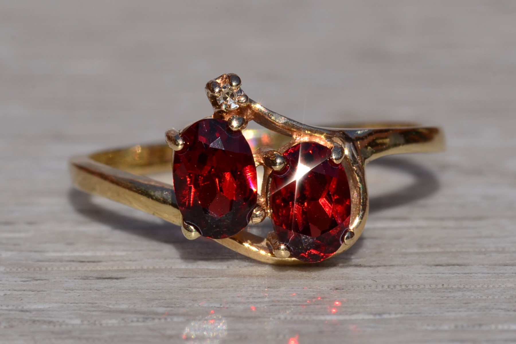 SOLD - The Mankota: Ladies 14K Yellow Gold Vintage Two Stone Garnet and Diamond Ring - Image 2