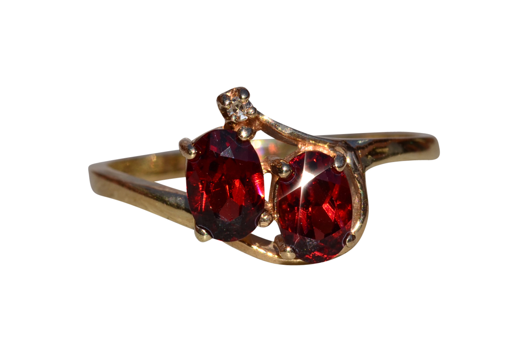 SOLD - The Mankota: Ladies 14K Yellow Gold Vintage Two Stone Garnet and Diamond Ring