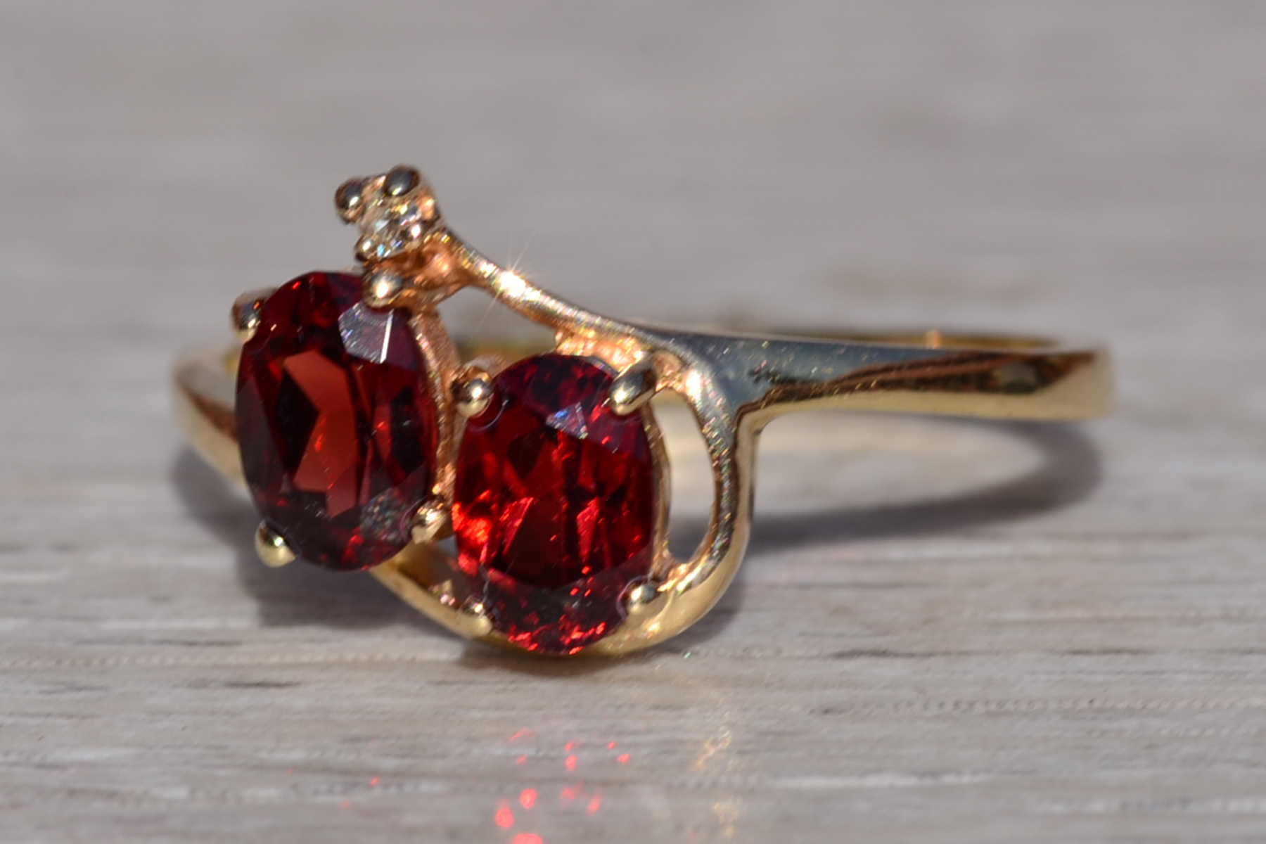 SOLD - The Mankota: Ladies 14K Yellow Gold Vintage Two Stone Garnet and Diamond Ring - Image 3