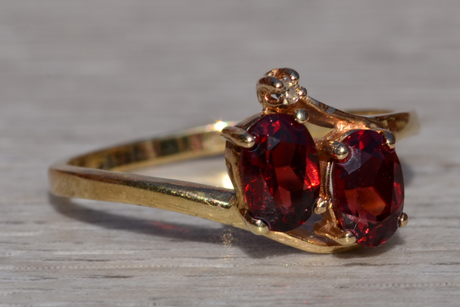 SOLD - The Mankota: Ladies 14K Yellow Gold Vintage Two Stone Garnet and Diamond Ring - Image 6