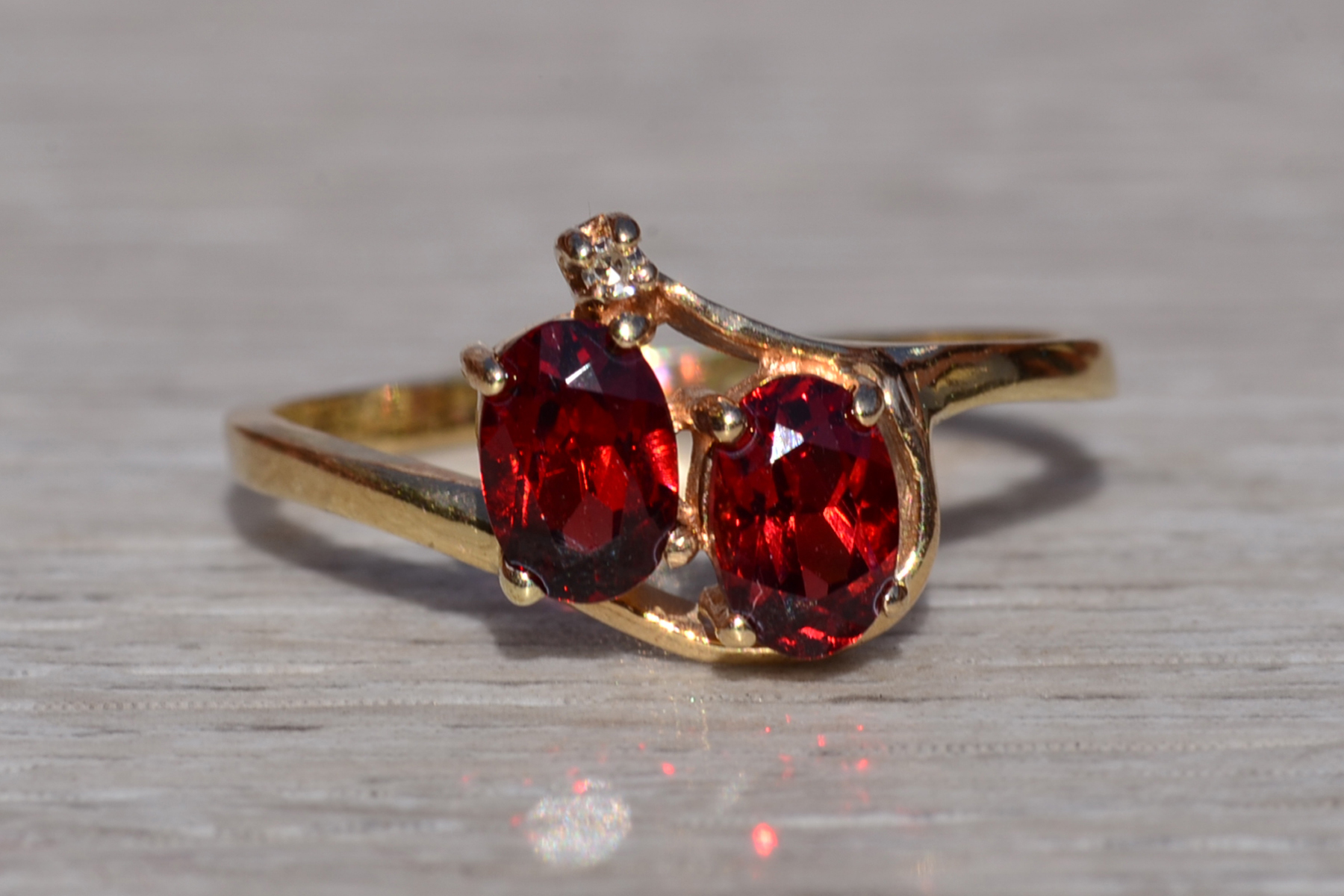 SOLD - The Mankota: Ladies 14K Yellow Gold Vintage Two Stone Garnet and Diamond Ring - Image 7