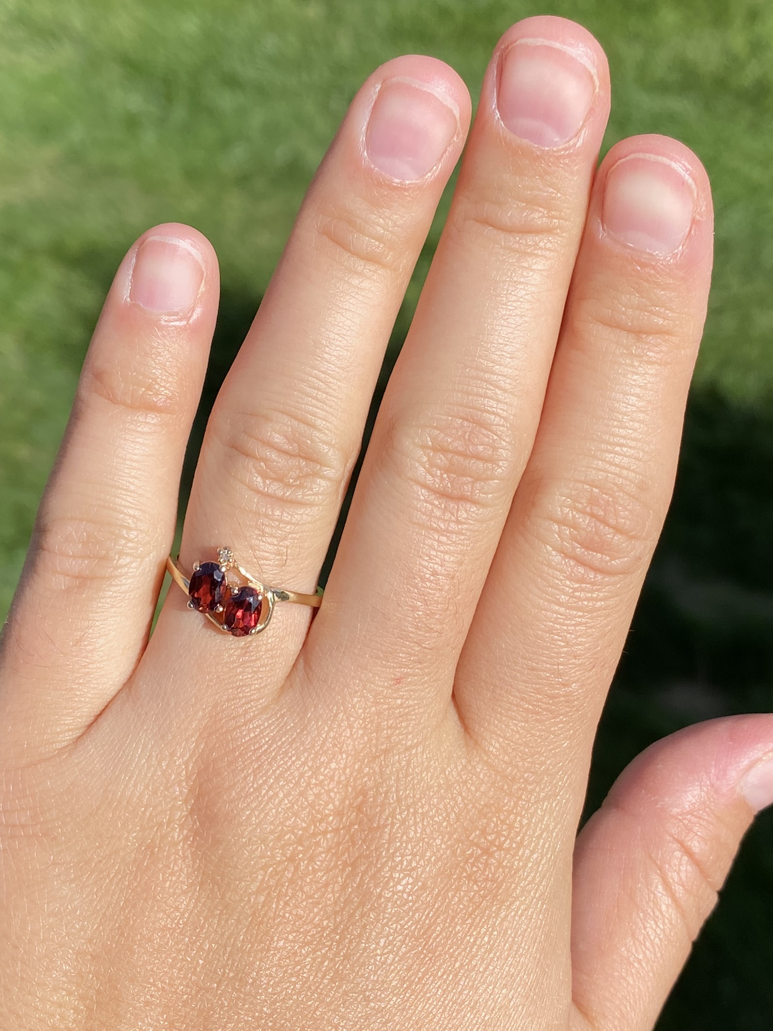 SOLD - The Mankota: Ladies 14K Yellow Gold Vintage Two Stone Garnet and Diamond Ring - Image 8