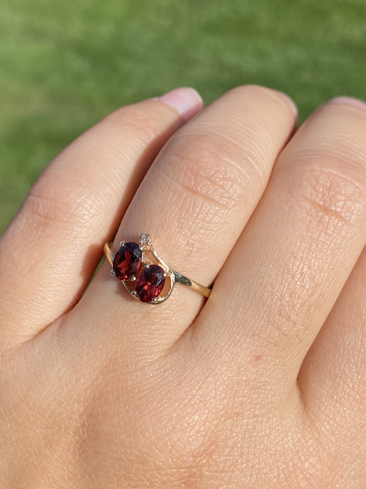 SOLD - The Mankota: Ladies 14K Yellow Gold Vintage Two Stone Garnet and Diamond Ring - Image 9