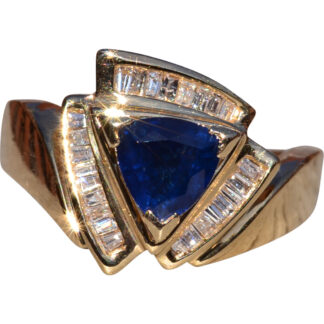 The Rainham:  Ladies 14K Yellow Gold Ring set with 1.50 CT Trilliant Cut Sapphire