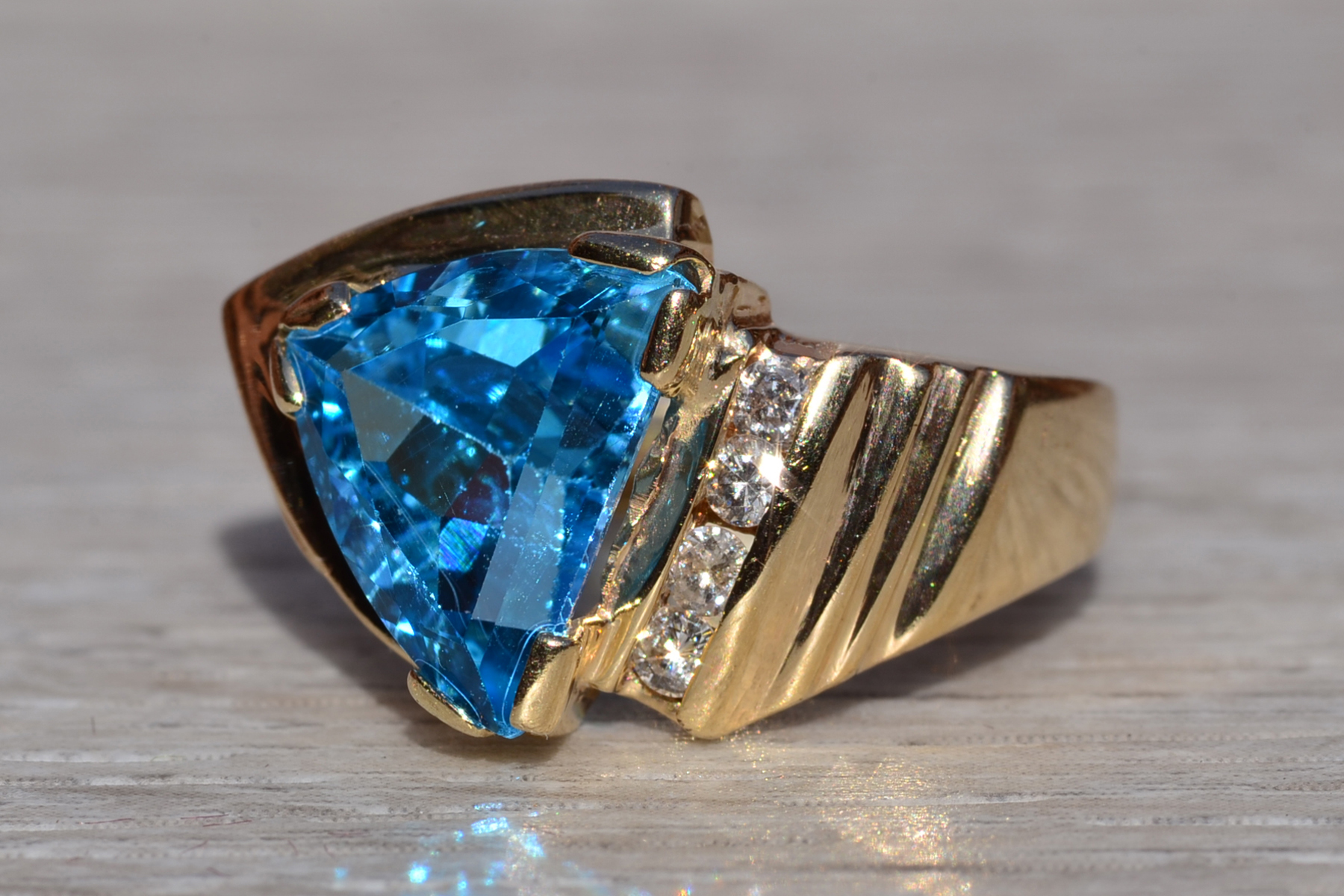 The Canfield: Ladies 14K Yellow Gold Trilliant Cut Topaz and Diamond Cocktail Ring - Image 3