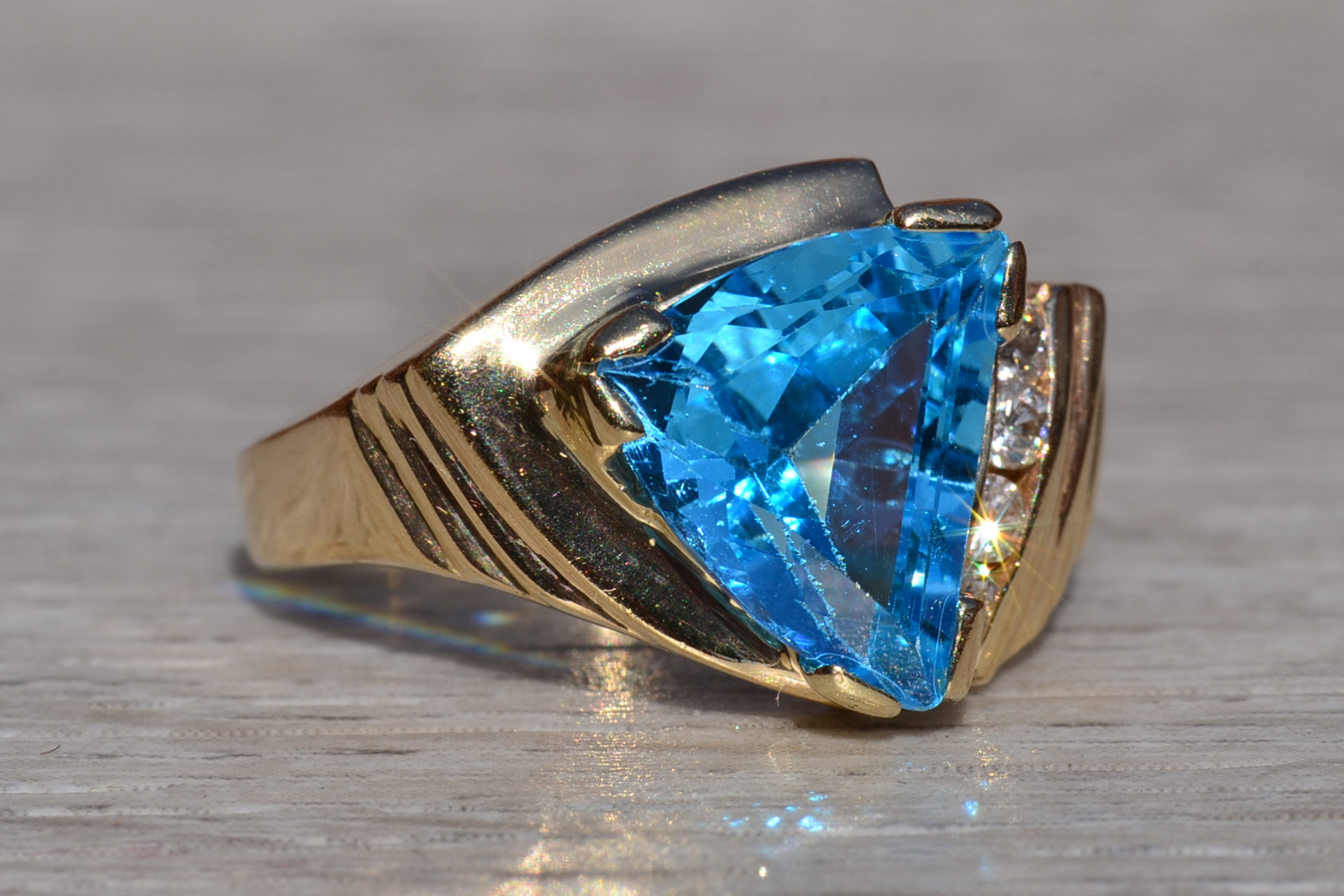 The Canfield: Ladies 14K Yellow Gold Trilliant Cut Topaz and Diamond Cocktail Ring - Image 6