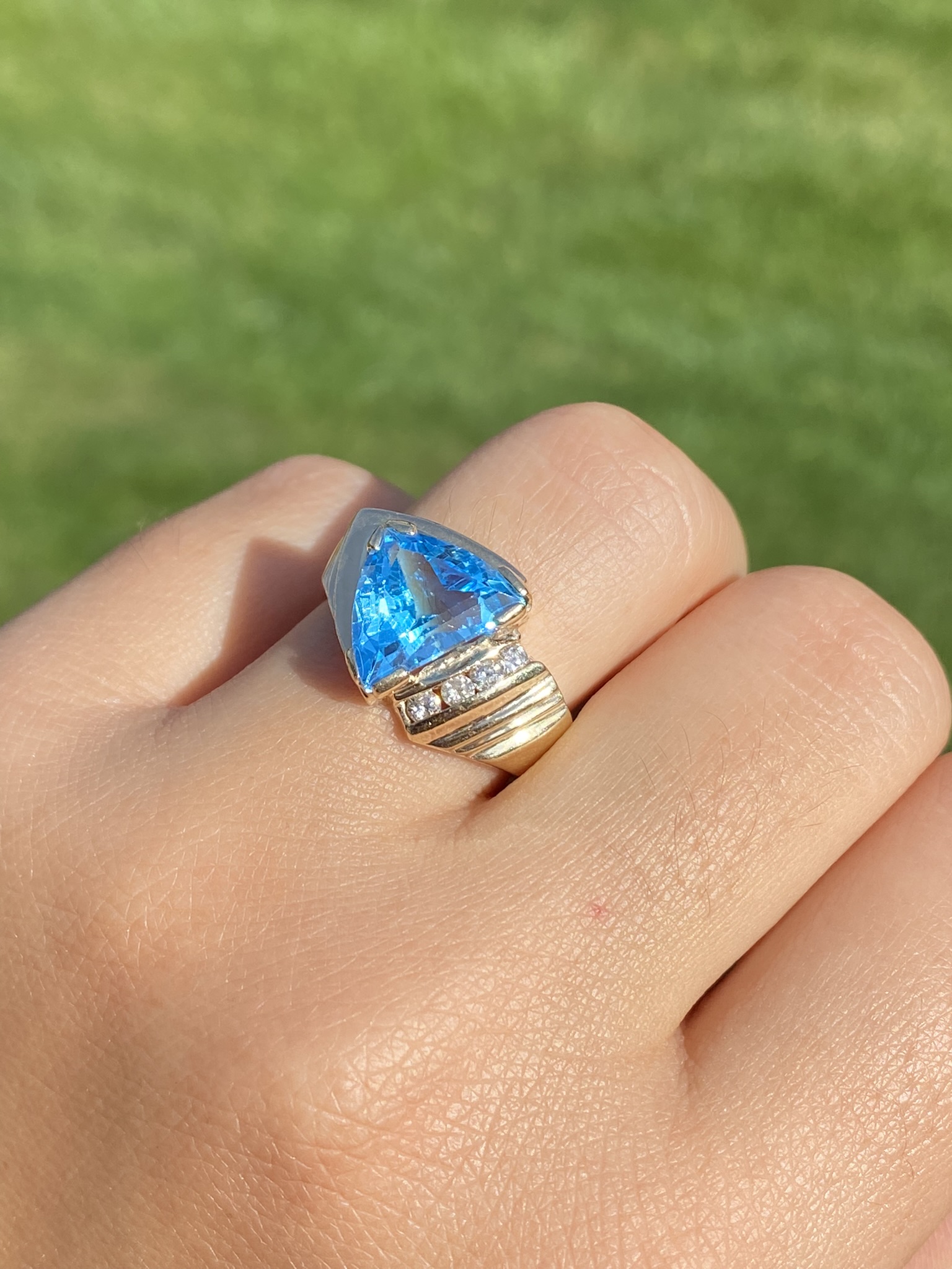 The Canfield: Ladies 14K Yellow Gold Trilliant Cut Topaz and Diamond Cocktail Ring - Image 10