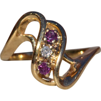 The Stavely:  Ladies 14K Yellow Gold Open Bypass Ring with Rubies and Diamond