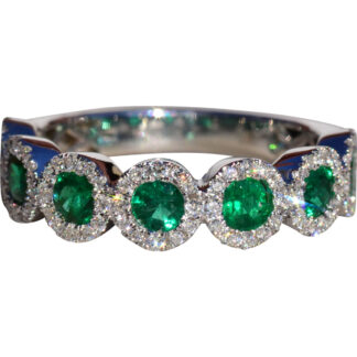 The Emerald Park:  Ladies Signed 18K White Gold Emerald and Diamond Band