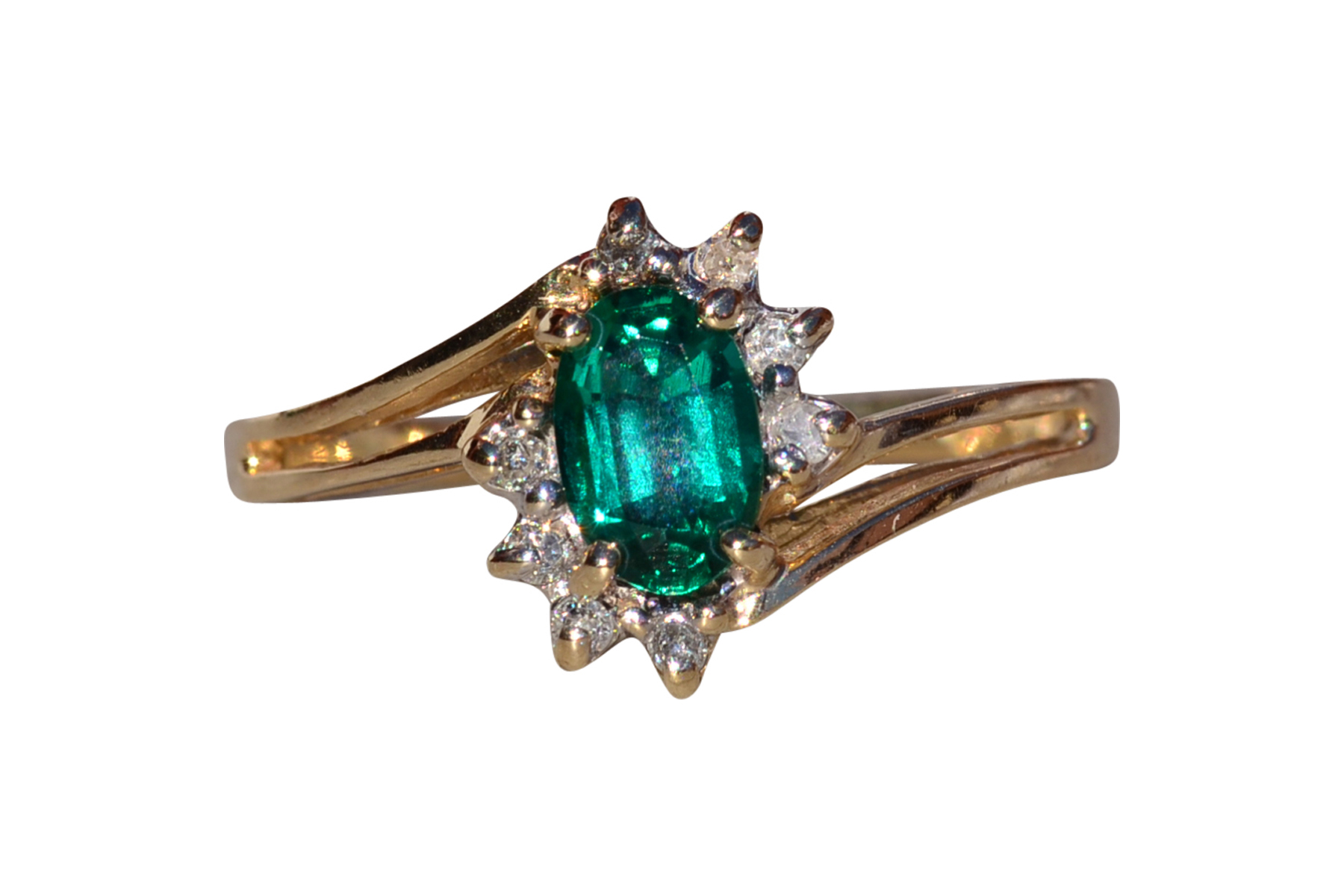 SOLD - The Bankeir: Ladies Yellow Gold Bypass Ring set with Laboratory Grown Emerald and Diamonds