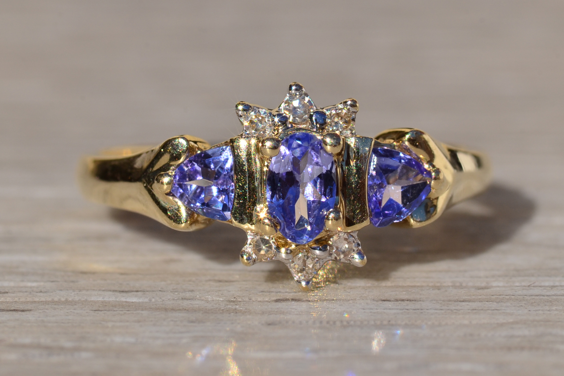 SOLD - The Keward: Ladies Yellow Gold Tanzanite and Diamond Cocktail Ring - Image 2