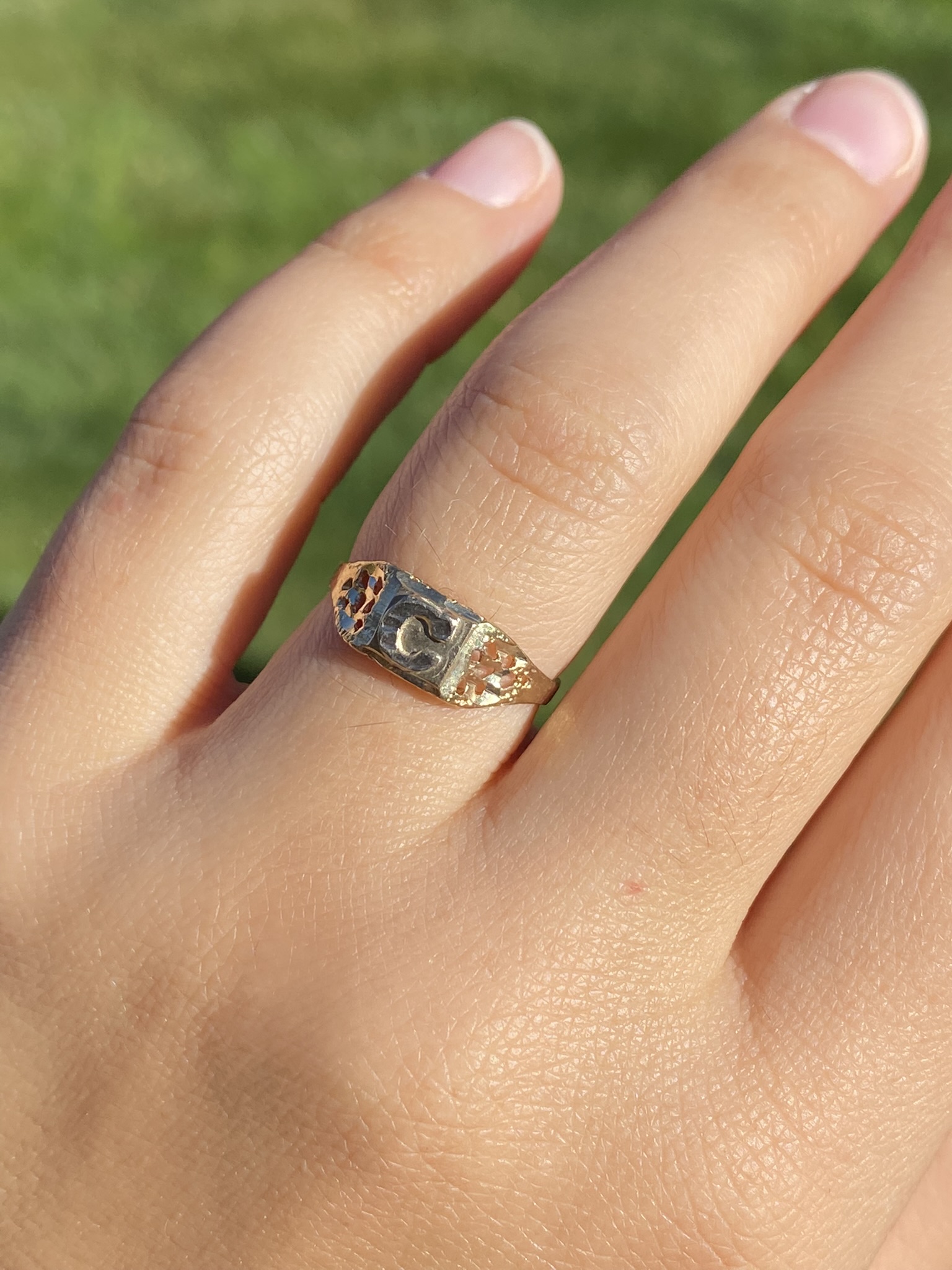 SOLD - The Maurelle: Ladies Two Tone Gold C Initial Ring - Image 9