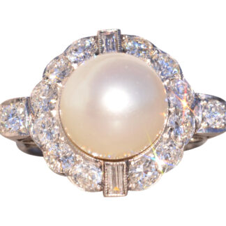 The 114th Avenue: Antique Natural Pearl and Diamond Ring in Platinum