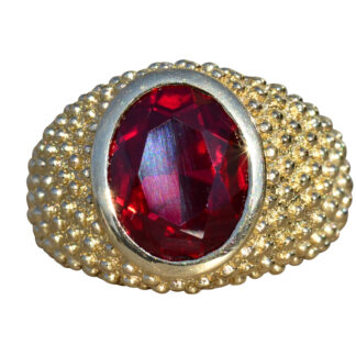 The Vestavia Hills:  Men's Yellow Gold Cocktail Ring Bezel set with Laboratory Grown Ruby