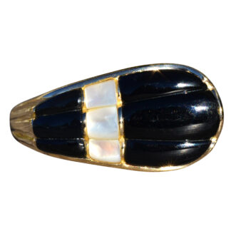 The Fredonia:  Ladies Kabana Signed 14K Gold Cocktail Ring with Onyx and Mother of Pearl