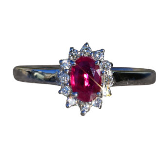 SOLD - The Hayneville:  Ladies 14K Ruby and Diamond Halo Ring