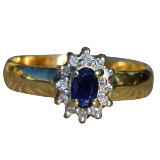 SOLD - The Gantt:  Ladies Wayne Signed 18K Gold Sapphire and Diamond Halo Ring